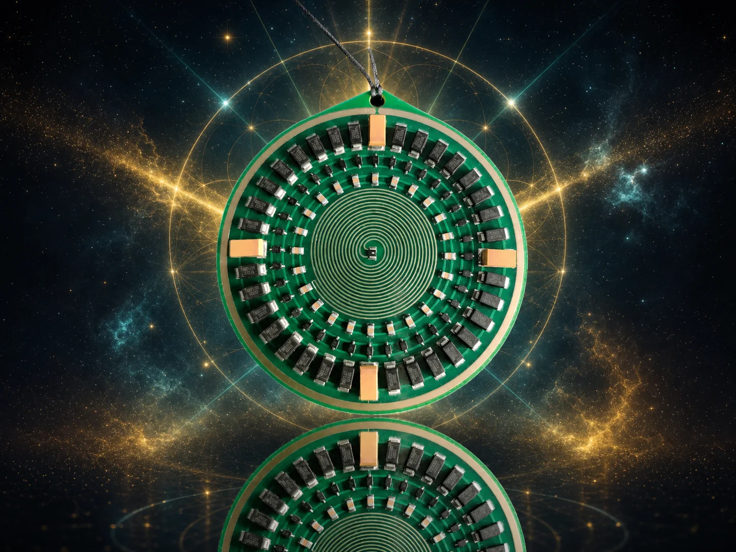 Golden Aspis pendant with mystical cosmic background