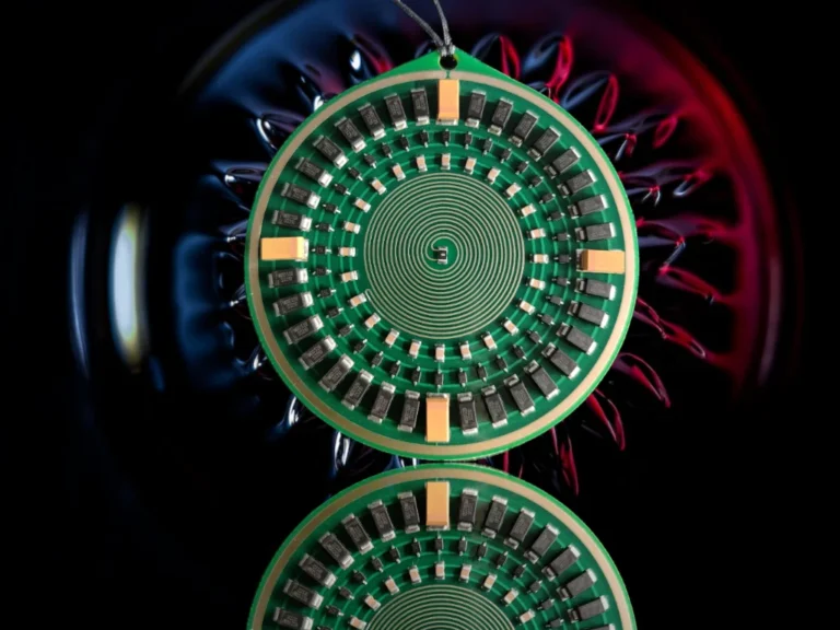 Ciondolo Golden Aspis con piste conduttive concentriche e una spirale centrale