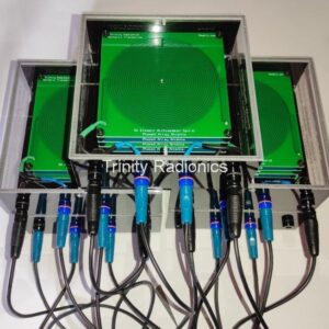 Spiral Phased Antenna device with green spiral plates in acrylic box with cables