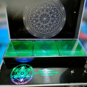 Chakra Harmonizer device open case with metatron cube and green fractal boards
