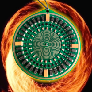 The Golden Aspis pendant tachyonized device with green circuit board and gold plating on a fiery background