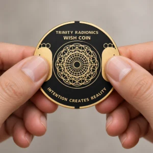 Trinity Wish Coin held with both thumbs touching its gold contacts