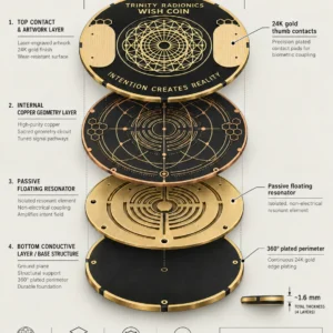 Exploded-view diagram of the Trinity Wish Coin showing four illustrated layers