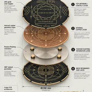 Exploded-view diagram of the Trinity Resonance Plate showing four illustrated layers