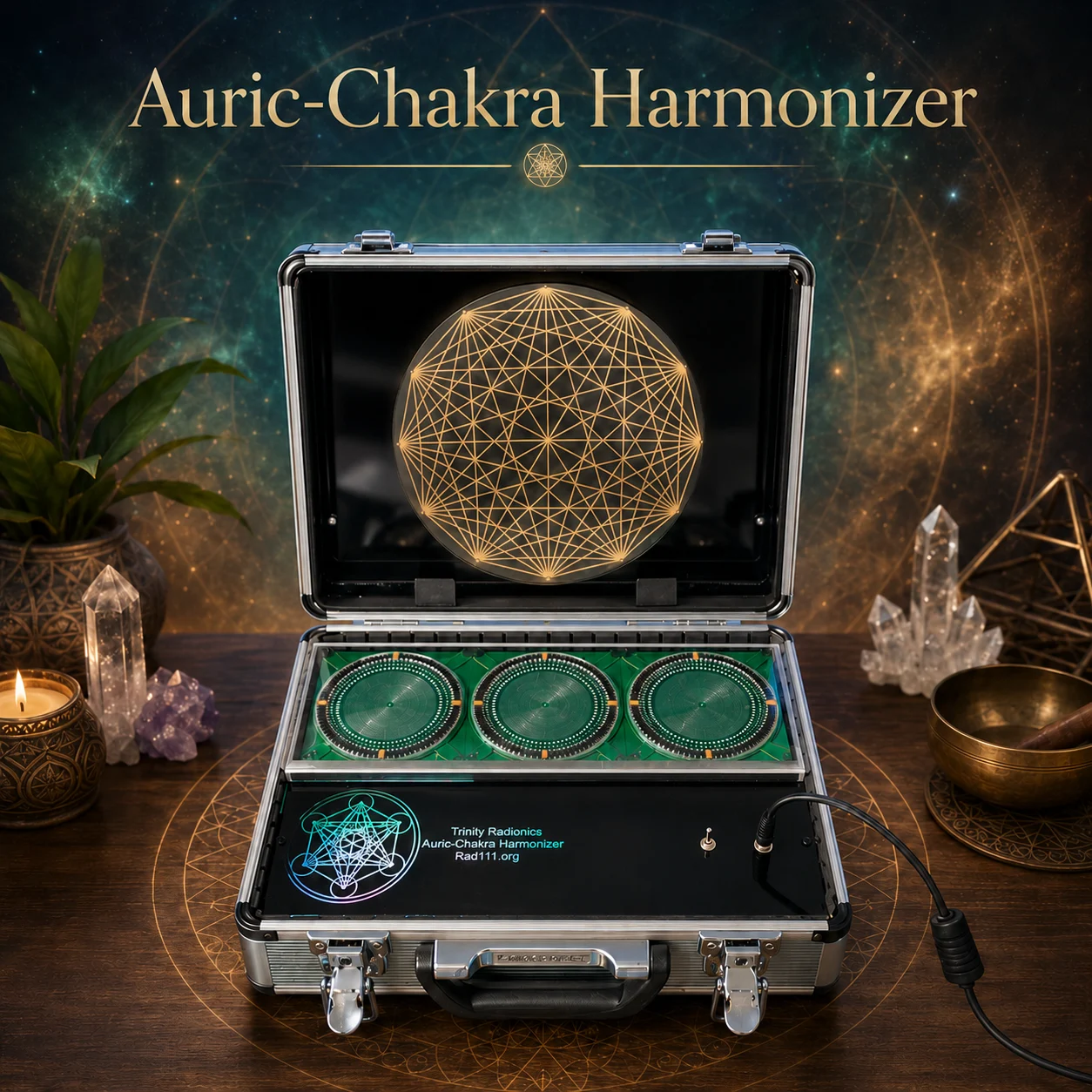 Chakra Harmonizer radionics instrument with premium mystical background